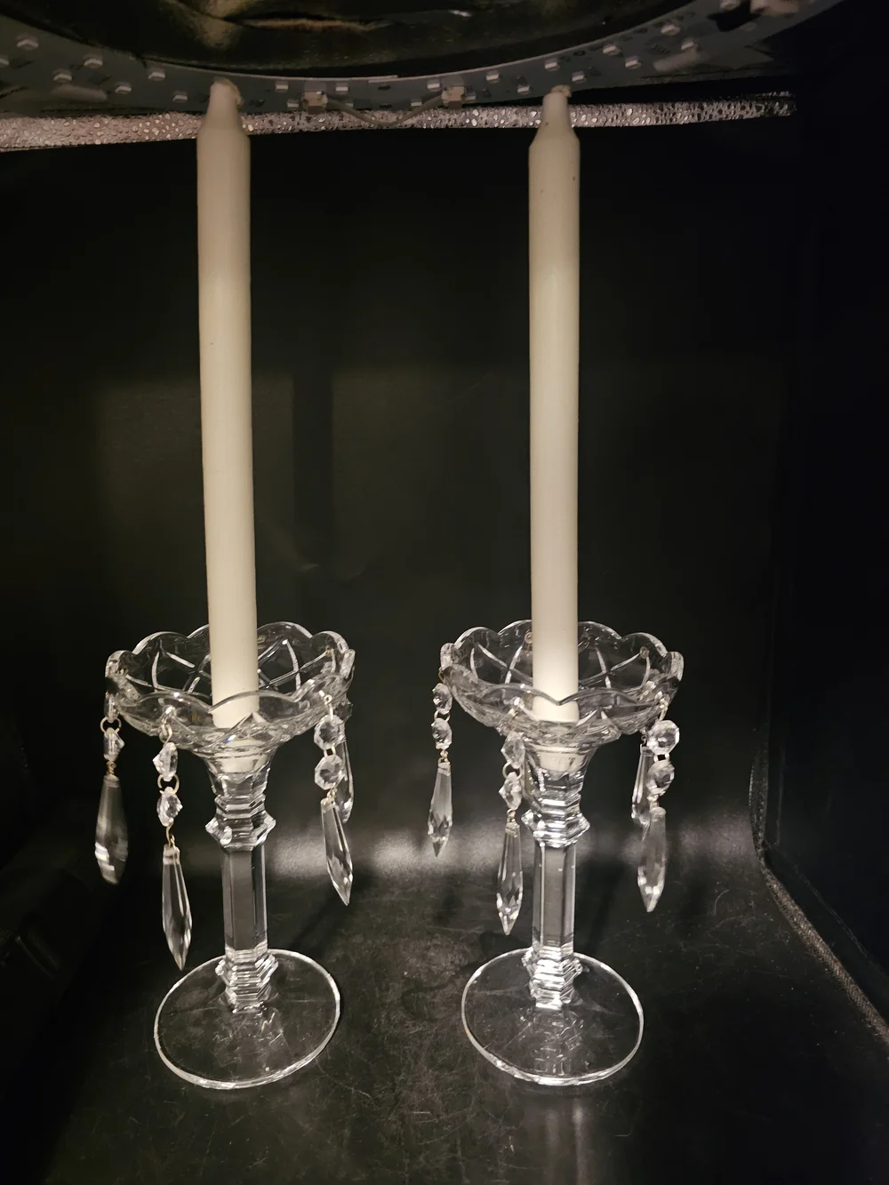 Unique Vintage Clear Crystal Candle Holders with Hanging Prisms